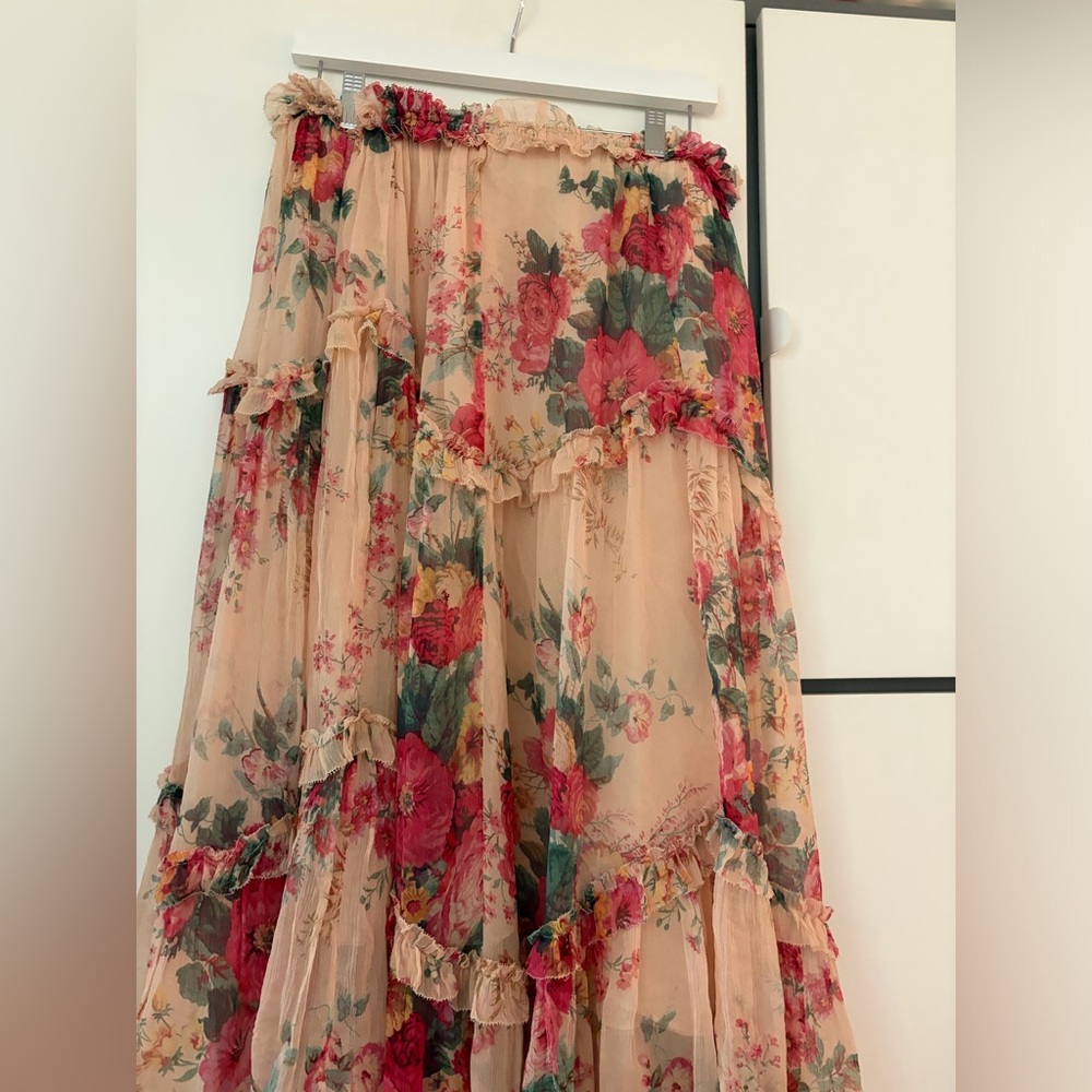 Zimmermann Floral Tiered Chiffon Maxi Skirt - Beige, Red, Green